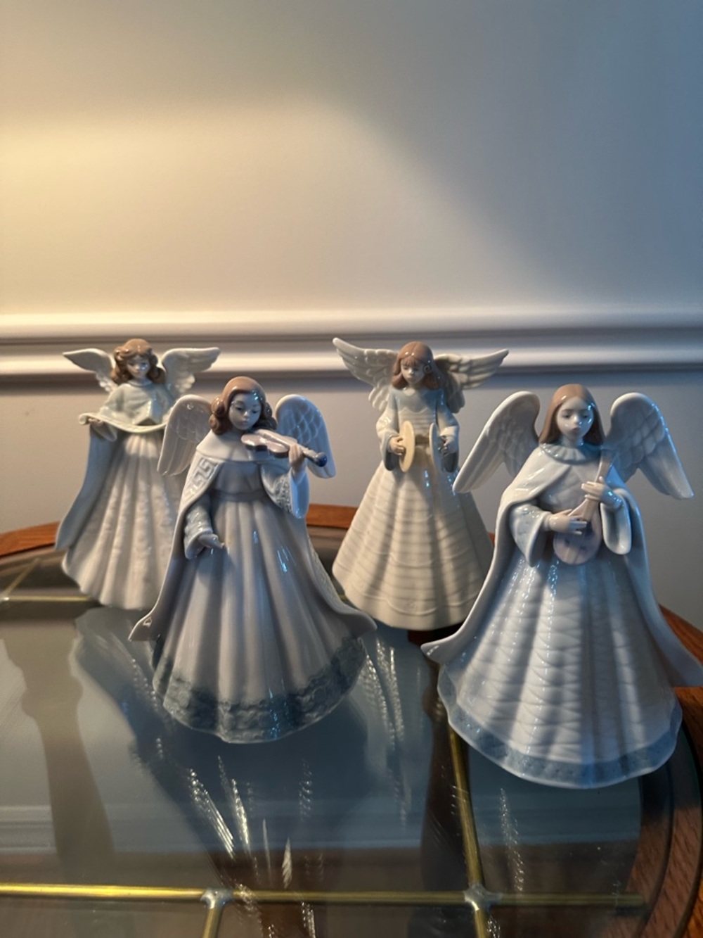 Set of 4 Ceramic Angel Figurines - Neutral Beige with Silver Trim